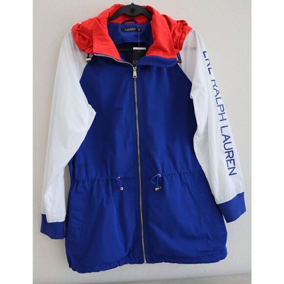 Lauren Ralph Lauren Women Sz M Blue Multi Colorblock Full Zip Hooded Jacket - Picture 1 of 12